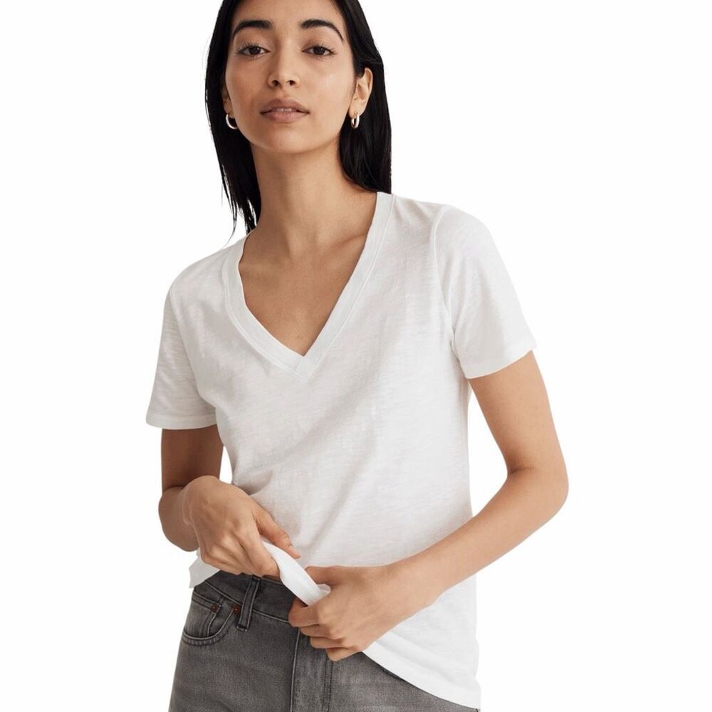 MADEWELL Women’s White Short Sleeve Whisper Cotton V-Neck Tee Large